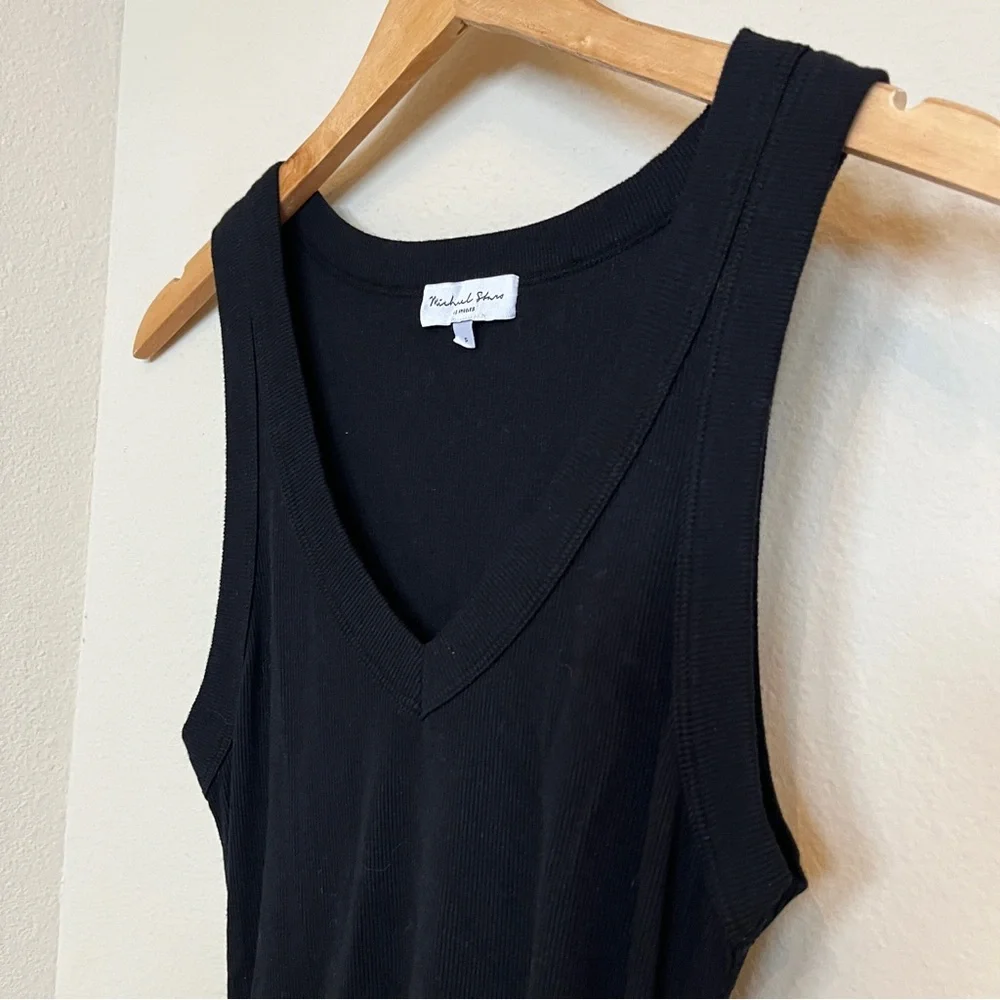 MICHAEL STARS Black Ribbed Midi V-Neck Side Slit Dress SMALL Lori Revolve Ruched - Picture 7 of 10